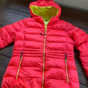 Neon orange down jacket by CMP European brand